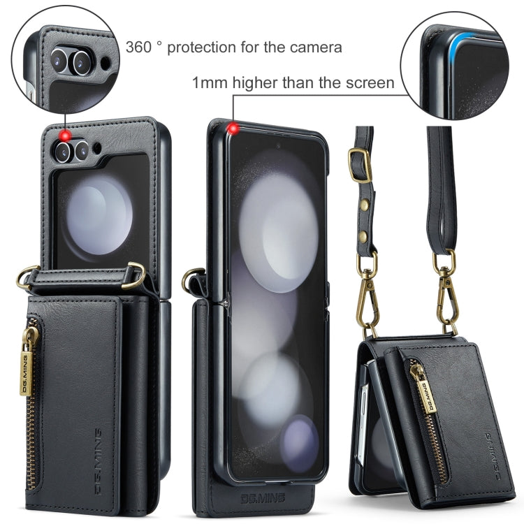 For Samsung Galaxy Z Flip5 5G DG.MING M5 Series Zip RFID Multi Card Detachable Leather Phone Case with Long Lanyard