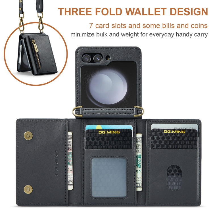 For Samsung Galaxy Z Flip5 5G DG.MING M5 Series Zip RFID Multi Card Detachable Leather Phone Case with Long Lanyard