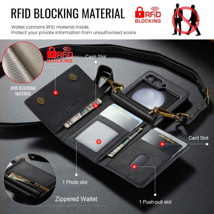 For Samsung Galaxy Z Flip5 5G DG.MING M5 Series Zip RFID Multi Card Detachable Leather Phone Case with Long Lanyard