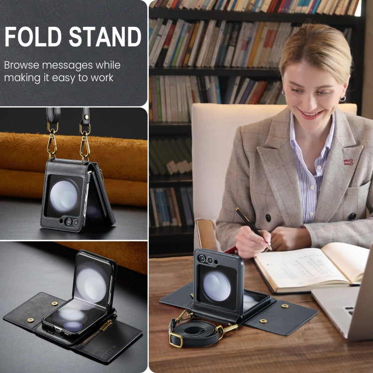 For Samsung Galaxy Z Flip5 5G DG.MING M5 Series Zip RFID Multi Card Detachable Leather Phone Case with Long Lanyard