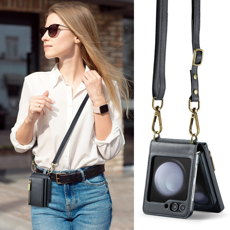 For Samsung Galaxy Z Flip5 5G DG.MING M5 Series Zip RFID Multi Card Detachable Leather Phone Case with Long Lanyard