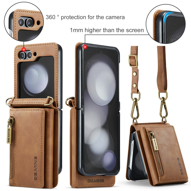 For Samsung Galaxy Z Flip5 5G DG.MING M5 Series Zip RFID Multi Card Detachable Leather Phone Case with Long Lanyard