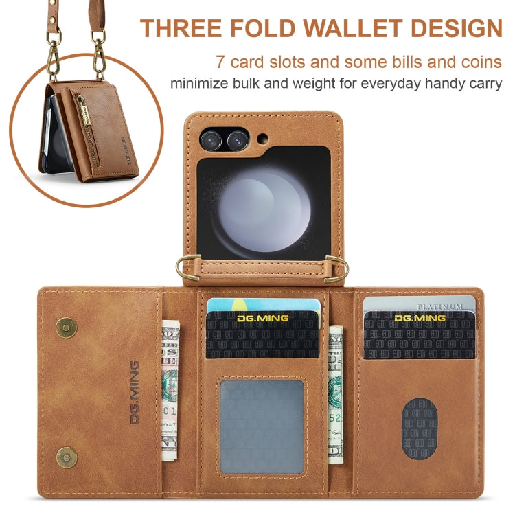 For Samsung Galaxy Z Flip5 5G DG.MING M5 Series Zip RFID Multi Card Detachable Leather Phone Case with Long Lanyard