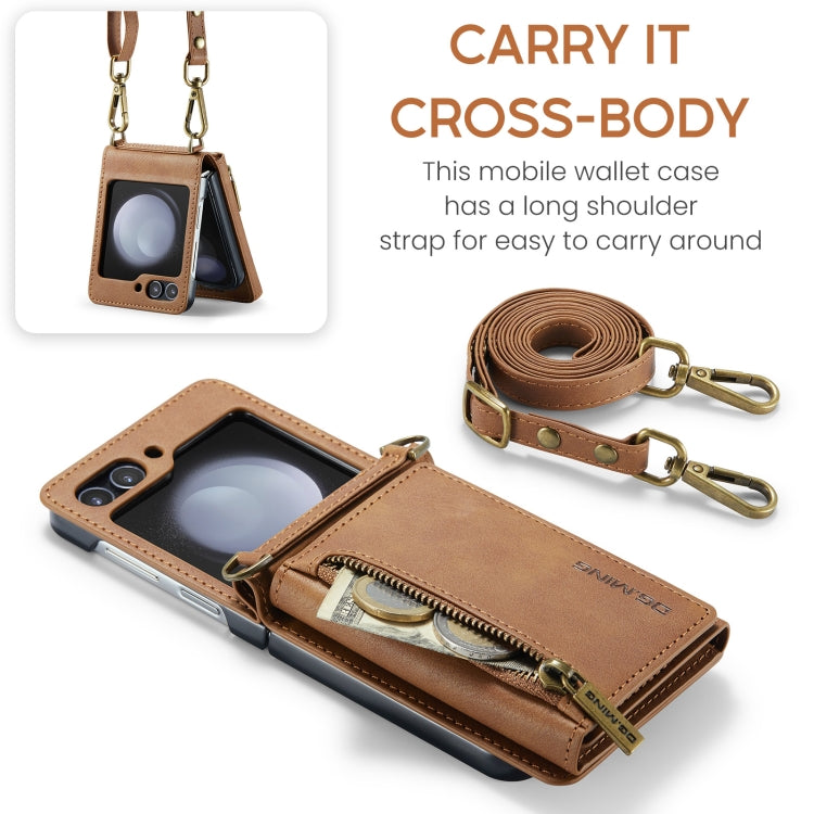 For Samsung Galaxy Z Flip5 5G DG.MING M5 Series Zip RFID Multi Card Detachable Leather Phone Case with Long Lanyard