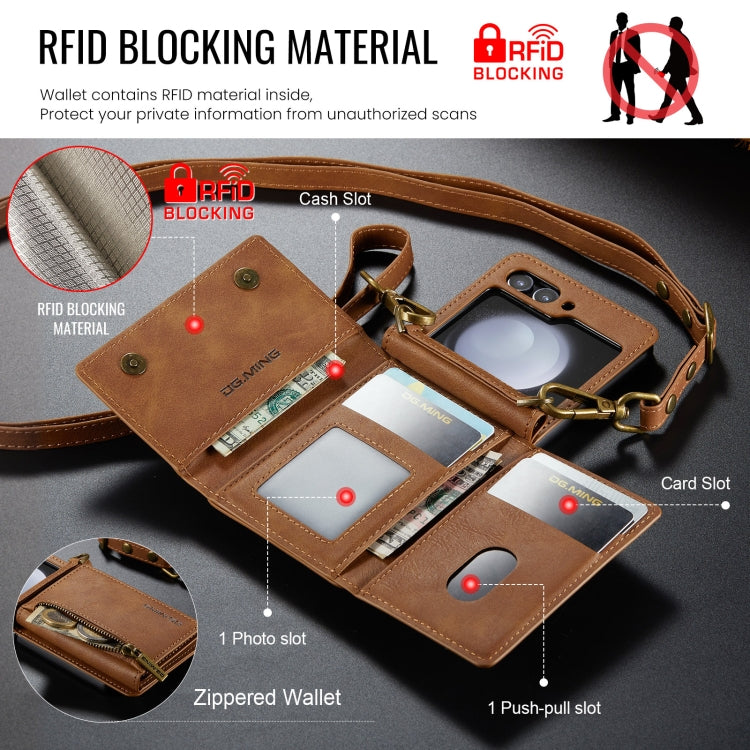 For Samsung Galaxy Z Flip5 5G DG.MING M5 Series Zip RFID Multi Card Detachable Leather Phone Case with Long Lanyard