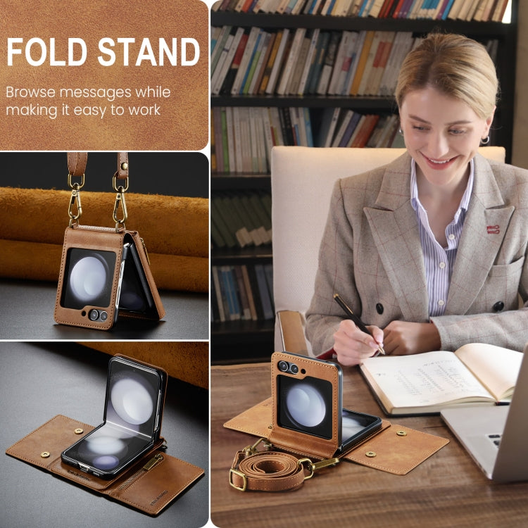 For Samsung Galaxy Z Flip5 5G DG.MING M5 Series Zip RFID Multi Card Detachable Leather Phone Case with Long Lanyard