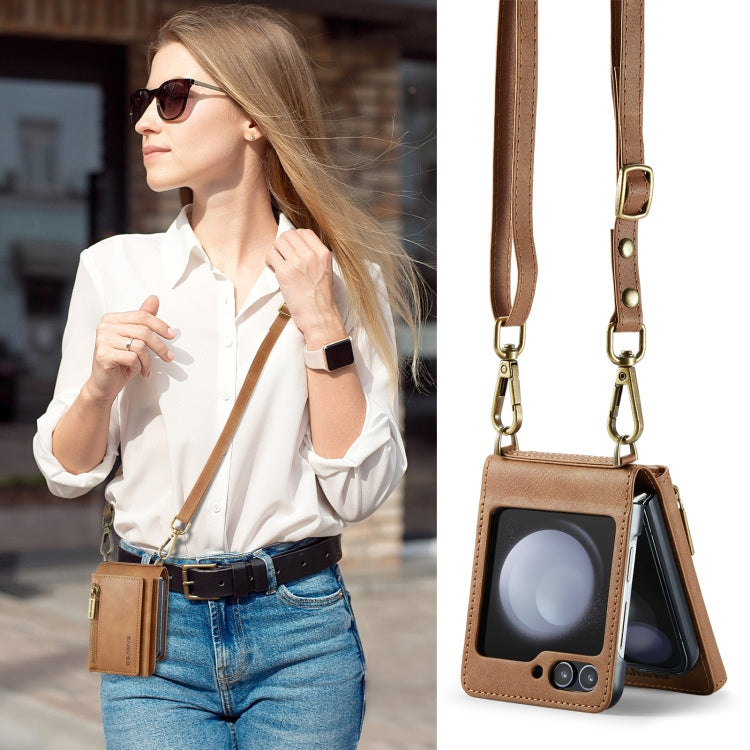 For Samsung Galaxy Z Flip5 5G DG.MING M5 Series Zip RFID Multi Card Detachable Leather Phone Case with Long Lanyard