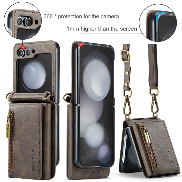For Samsung Galaxy Z Flip5 5G DG.MING M5 Series Zip RFID Multi Card Detachable Leather Phone Case with Long Lanyard