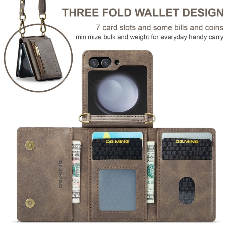 For Samsung Galaxy Z Flip5 5G DG.MING M5 Series Zip RFID Multi Card Detachable Leather Phone Case with Long Lanyard