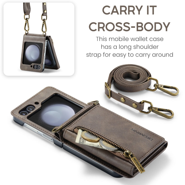 For Samsung Galaxy Z Flip5 5G DG.MING M5 Series Zip RFID Multi Card Detachable Leather Phone Case with Long Lanyard