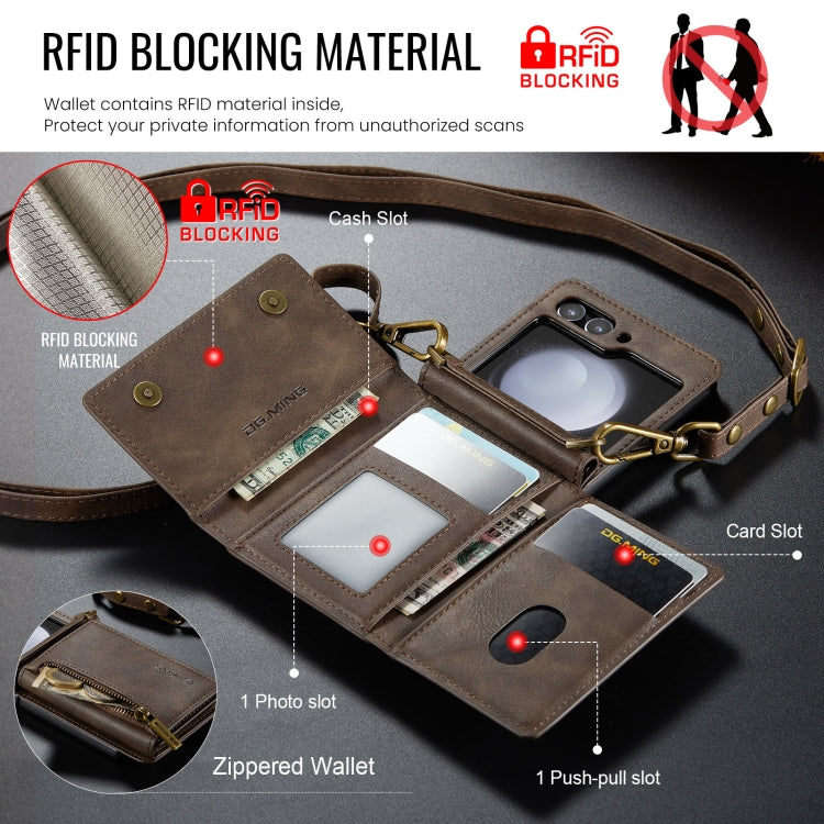 For Samsung Galaxy Z Flip5 5G DG.MING M5 Series Zip RFID Multi Card Detachable Leather Phone Case with Long Lanyard