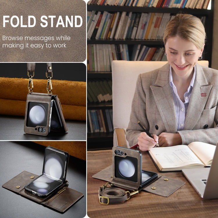 For Samsung Galaxy Z Flip5 5G DG.MING M5 Series Zip RFID Multi Card Detachable Leather Phone Case with Long Lanyard