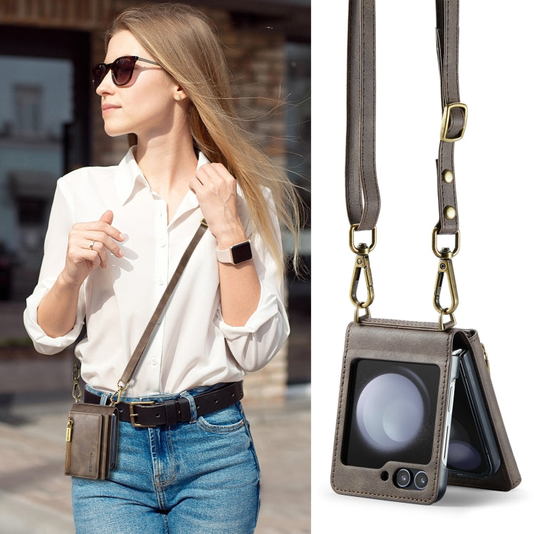 For Samsung Galaxy Z Flip5 5G DG.MING M5 Series Zip RFID Multi Card Detachable Leather Phone Case with Long Lanyard