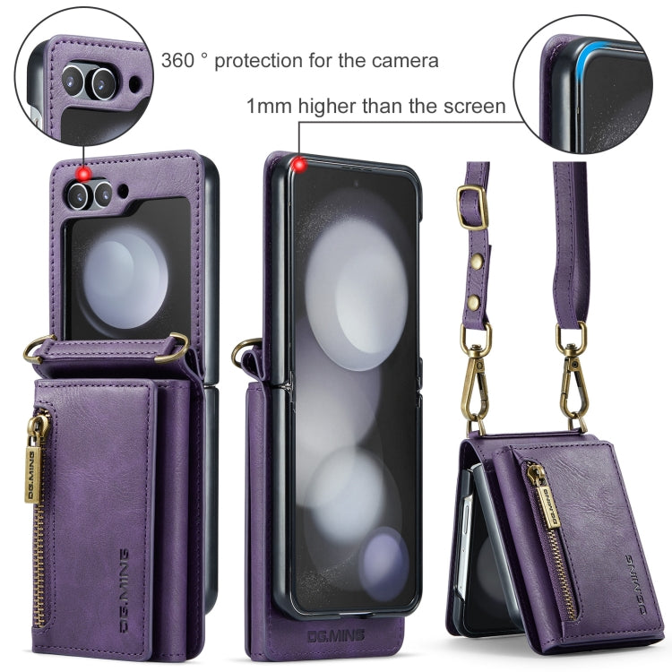 For Samsung Galaxy Z Flip5 5G DG.MING M5 Series Zip RFID Multi Card Detachable Leather Phone Case with Long Lanyard