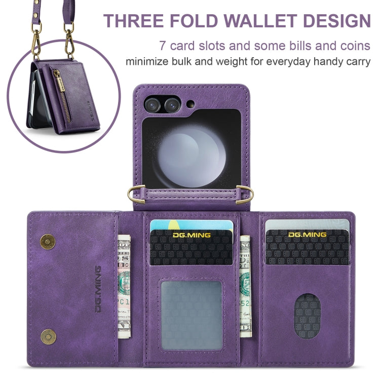 For Samsung Galaxy Z Flip5 5G DG.MING M5 Series Zip RFID Multi Card Detachable Leather Phone Case with Long Lanyard