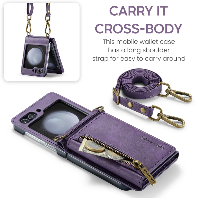 For Samsung Galaxy Z Flip5 5G DG.MING M5 Series Zip RFID Multi Card Detachable Leather Phone Case with Long Lanyard