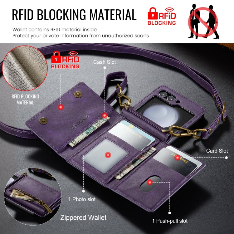 For Samsung Galaxy Z Flip5 5G DG.MING M5 Series Zip RFID Multi Card Detachable Leather Phone Case with Long Lanyard