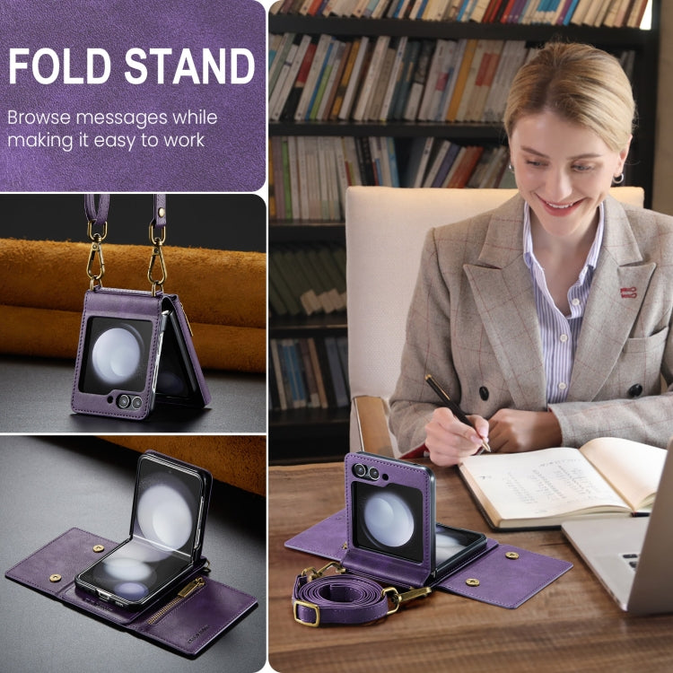 For Samsung Galaxy Z Flip5 5G DG.MING M5 Series Zip RFID Multi Card Detachable Leather Phone Case with Long Lanyard