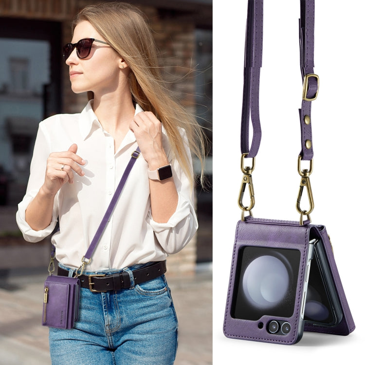 For Samsung Galaxy Z Flip5 5G DG.MING M5 Series Zip RFID Multi Card Detachable Leather Phone Case with Long Lanyard