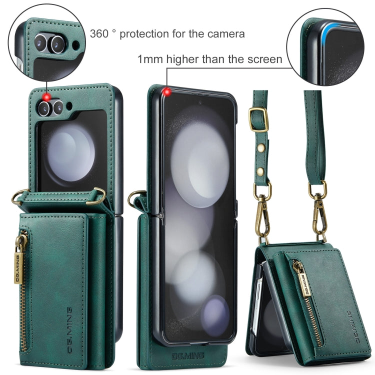 For Samsung Galaxy Z Flip5 5G DG.MING M5 Series Zip RFID Multi Card Detachable Leather Phone Case with Long Lanyard