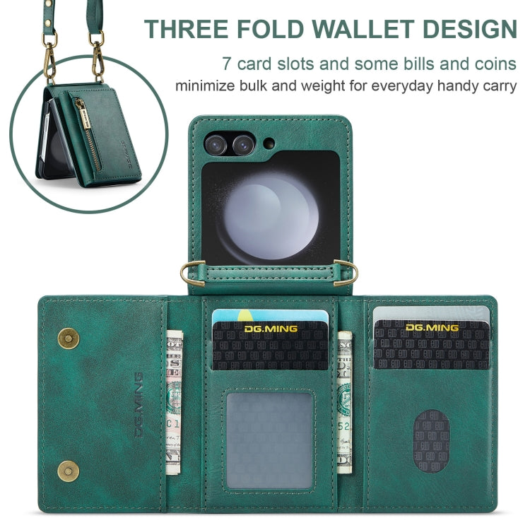 For Samsung Galaxy Z Flip5 5G DG.MING M5 Series Zip RFID Multi Card Detachable Leather Phone Case with Long Lanyard