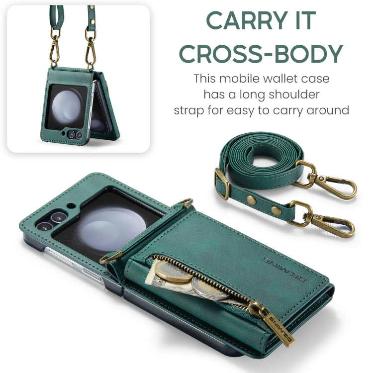 For Samsung Galaxy Z Flip5 5G DG.MING M5 Series Zip RFID Multi Card Detachable Leather Phone Case with Long Lanyard