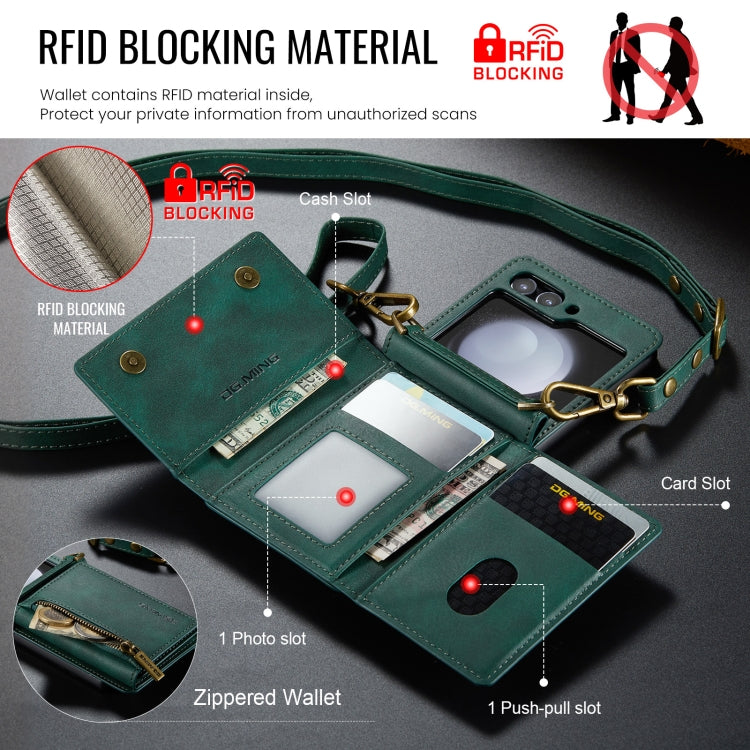 For Samsung Galaxy Z Flip5 5G DG.MING M5 Series Zip RFID Multi Card Detachable Leather Phone Case with Long Lanyard