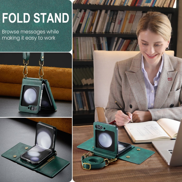 For Samsung Galaxy Z Flip5 5G DG.MING M5 Series Zip RFID Multi Card Detachable Leather Phone Case with Long Lanyard