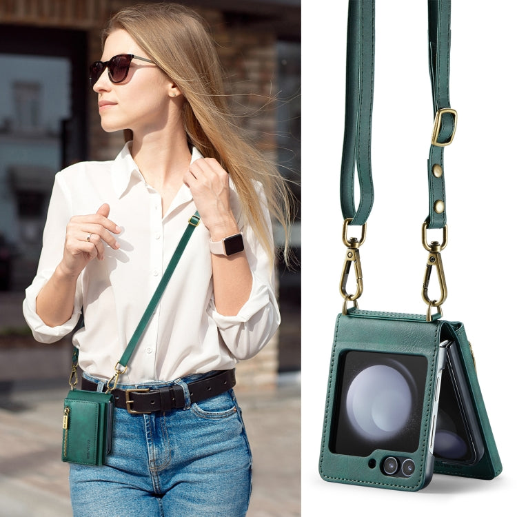 For Samsung Galaxy Z Flip5 5G DG.MING M5 Series Zip RFID Multi Card Detachable Leather Phone Case with Long Lanyard
