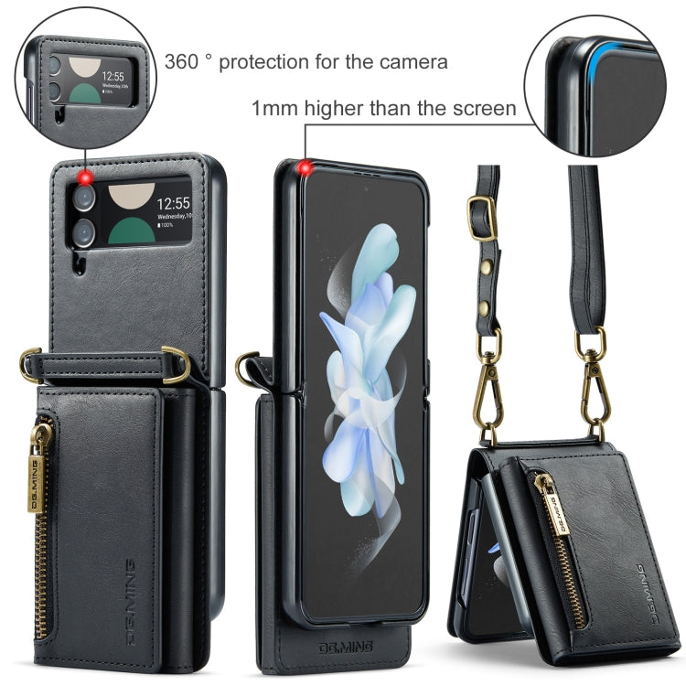 For Samsung Galaxy Z Flip4 5G DG.MING M5 Series Zip RFID Multi Card Detachable Leather Phone Case with Long Lanyard