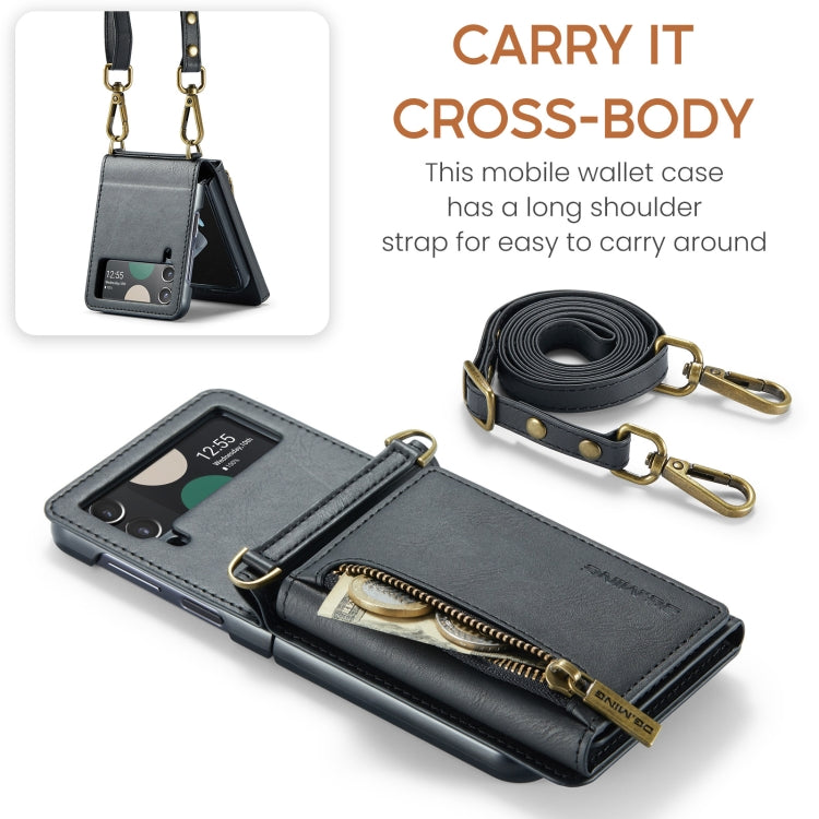 For Samsung Galaxy Z Flip4 5G DG.MING M5 Series Zip RFID Multi Card Detachable Leather Phone Case with Long Lanyard