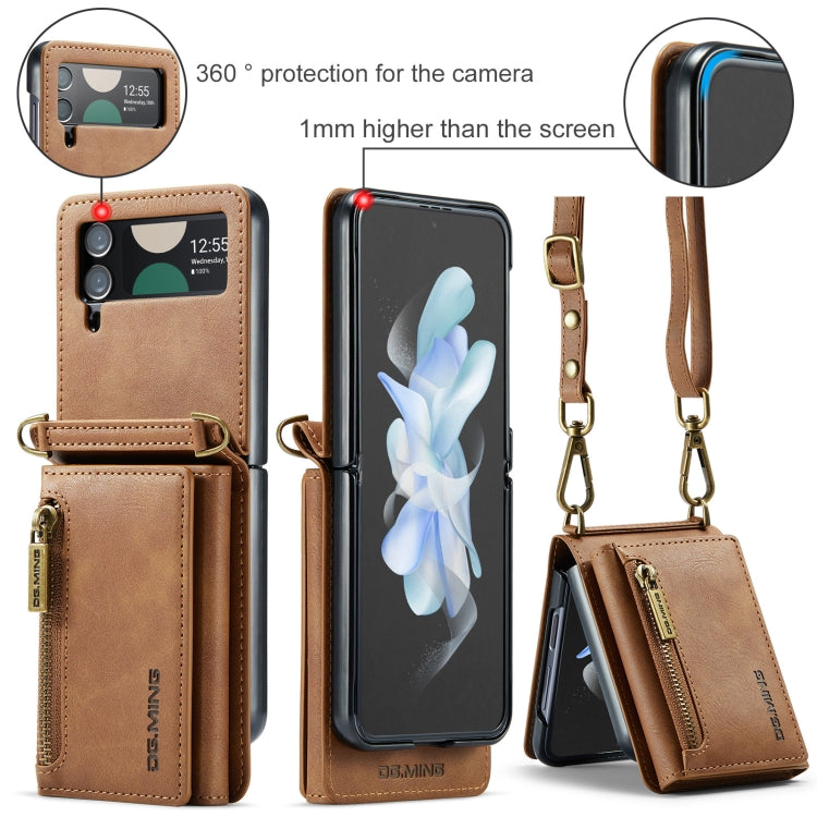 For Samsung Galaxy Z Flip4 5G DG.MING M5 Series Zip RFID Multi Card Detachable Leather Phone Case with Long Lanyard