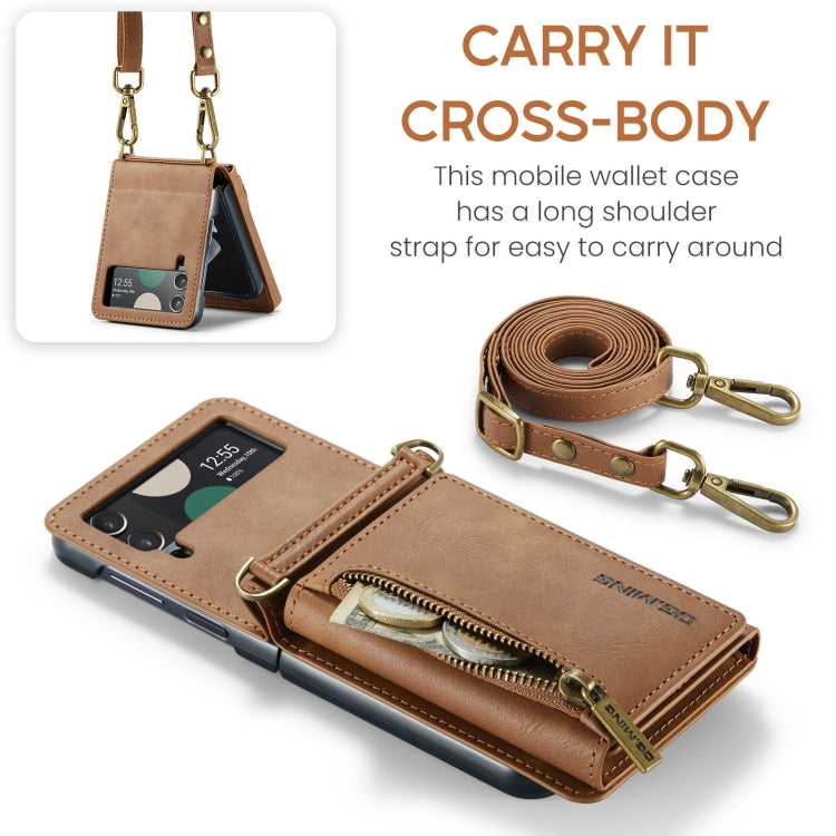 For Samsung Galaxy Z Flip4 5G DG.MING M5 Series Zip RFID Multi Card Detachable Leather Phone Case with Long Lanyard