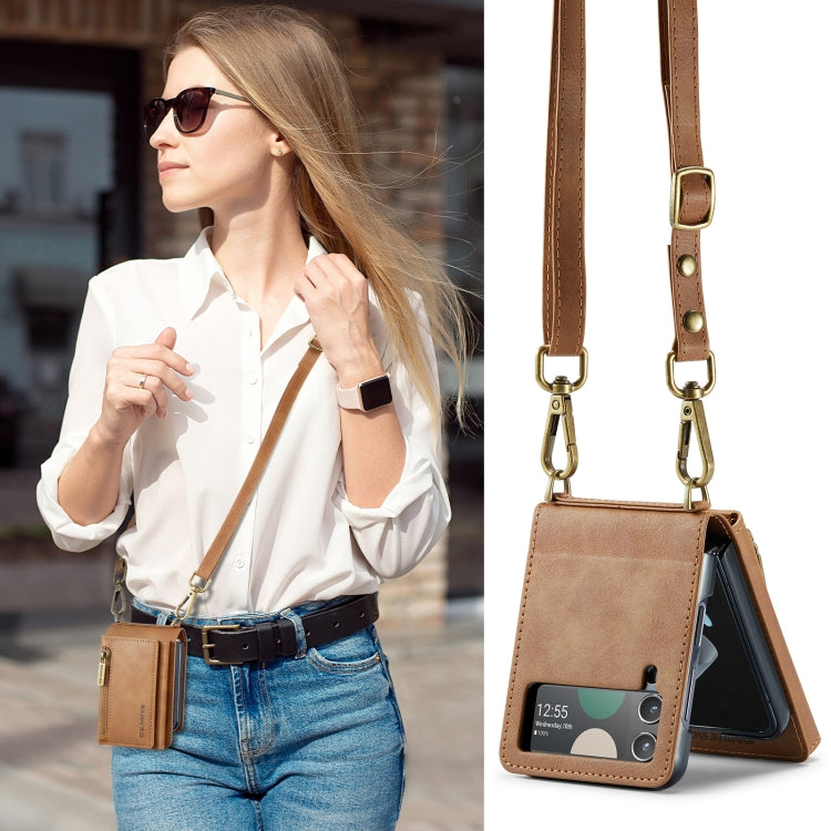 For Samsung Galaxy Z Flip4 5G DG.MING M5 Series Zip RFID Multi Card Detachable Leather Phone Case with Long Lanyard
