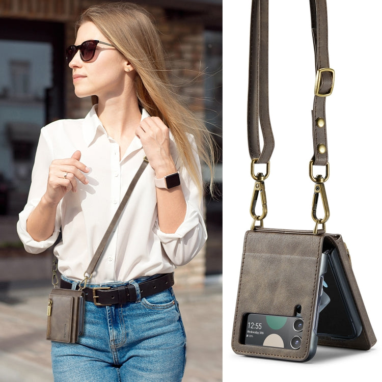 For Samsung Galaxy Z Flip4 5G DG.MING M5 Series Zip RFID Multi Card Detachable Leather Phone Case with Long Lanyard