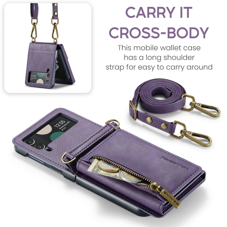 For Samsung Galaxy Z Flip4 5G DG.MING M5 Series Zip RFID Multi Card Detachable Leather Phone Case with Long Lanyard