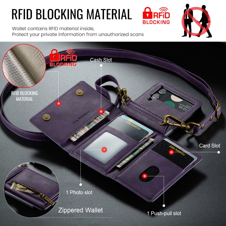 For Samsung Galaxy Z Flip4 5G DG.MING M5 Series Zip RFID Multi Card Detachable Leather Phone Case with Long Lanyard