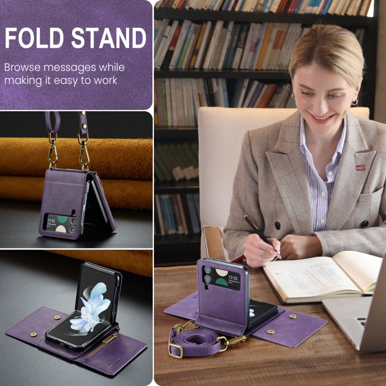 For Samsung Galaxy Z Flip4 5G DG.MING M5 Series Zip RFID Multi Card Detachable Leather Phone Case with Long Lanyard