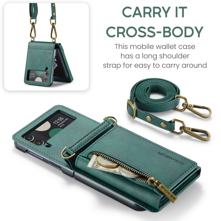 For Samsung Galaxy Z Flip4 5G DG.MING M5 Series Zip RFID Multi Card Detachable Leather Phone Case with Long Lanyard