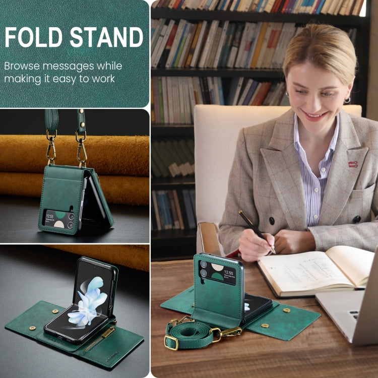 For Samsung Galaxy Z Flip4 5G DG.MING M5 Series Zip RFID Multi Card Detachable Leather Phone Case with Long Lanyard