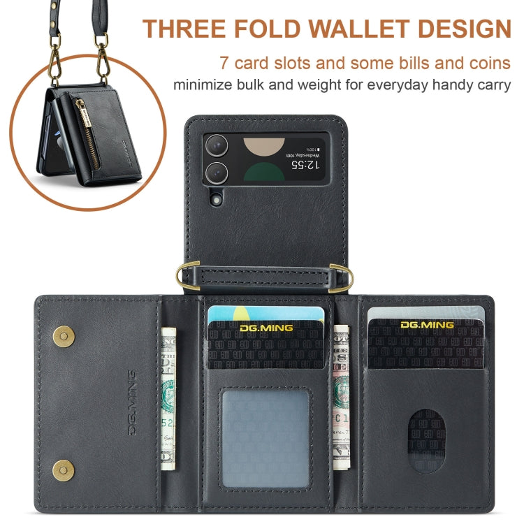 For Samsung Galaxy Z Flip3 5G DG.MING M5 Series Zip RFID Multi Card Detachable Leather Phone Case with Long Lanyard