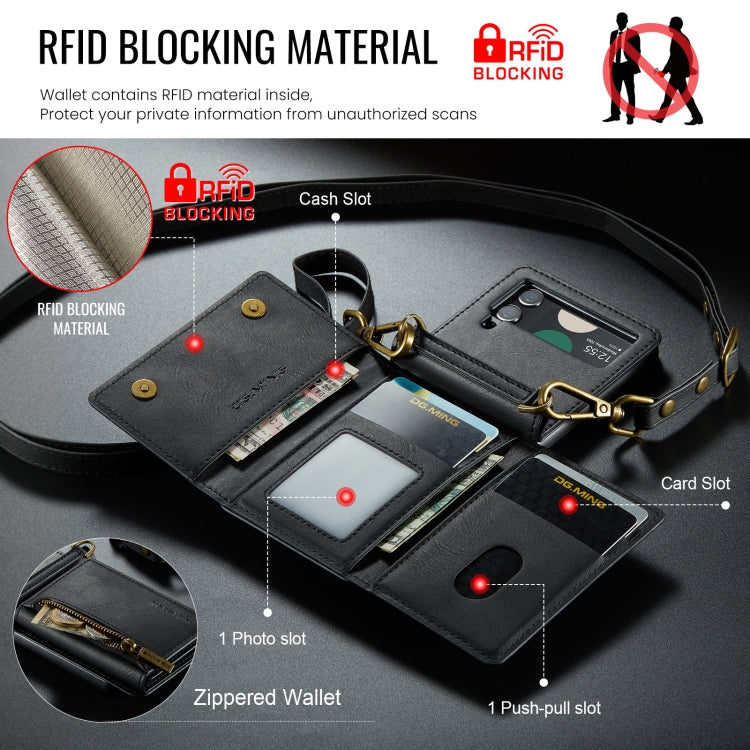 For Samsung Galaxy Z Flip3 5G DG.MING M5 Series Zip RFID Multi Card Detachable Leather Phone Case with Long Lanyard
