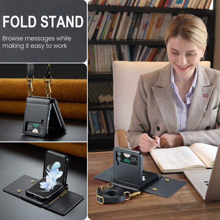 For Samsung Galaxy Z Flip3 5G DG.MING M5 Series Zip RFID Multi Card Detachable Leather Phone Case with Long Lanyard