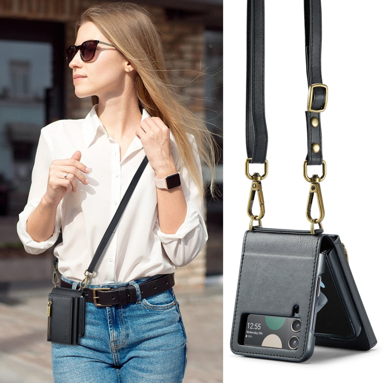 For Samsung Galaxy Z Flip3 5G DG.MING M5 Series Zip RFID Multi Card Detachable Leather Phone Case with Long Lanyard