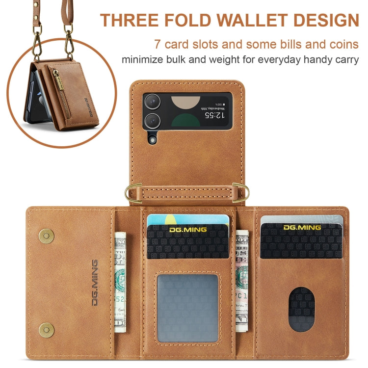 For Samsung Galaxy Z Flip3 5G DG.MING M5 Series Zip RFID Multi Card Detachable Leather Phone Case with Long Lanyard