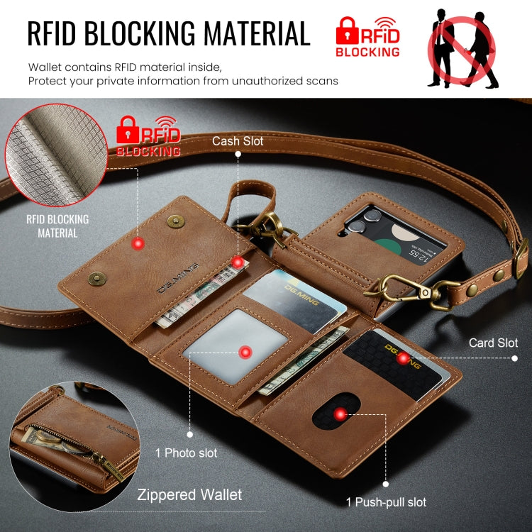 For Samsung Galaxy Z Flip3 5G DG.MING M5 Series Zip RFID Multi Card Detachable Leather Phone Case with Long Lanyard