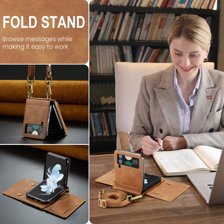 For Samsung Galaxy Z Flip3 5G DG.MING M5 Series Zip RFID Multi Card Detachable Leather Phone Case with Long Lanyard