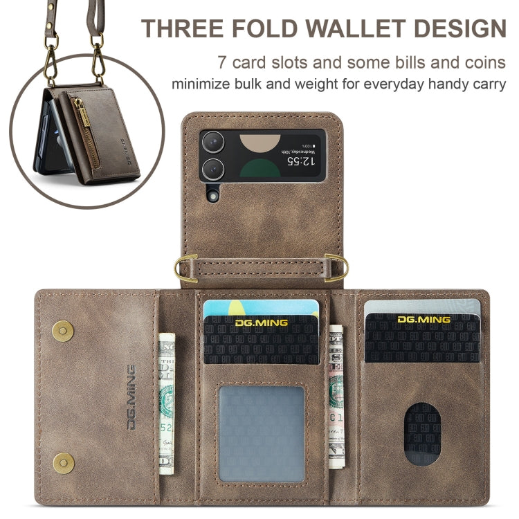 For Samsung Galaxy Z Flip3 5G DG.MING M5 Series Zip RFID Multi Card Detachable Leather Phone Case with Long Lanyard