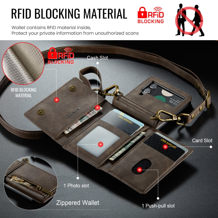 For Samsung Galaxy Z Flip3 5G DG.MING M5 Series Zip RFID Multi Card Detachable Leather Phone Case with Long Lanyard