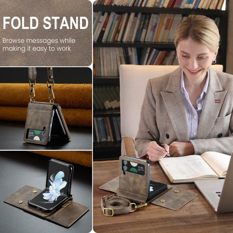 For Samsung Galaxy Z Flip3 5G DG.MING M5 Series Zip RFID Multi Card Detachable Leather Phone Case with Long Lanyard